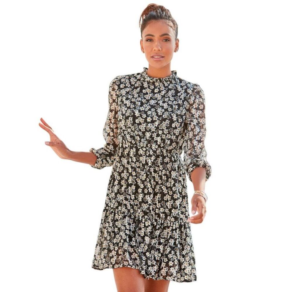 Women's Long Sleeve Floral Pattern Dress - LASCANA - Black & White Floral 14